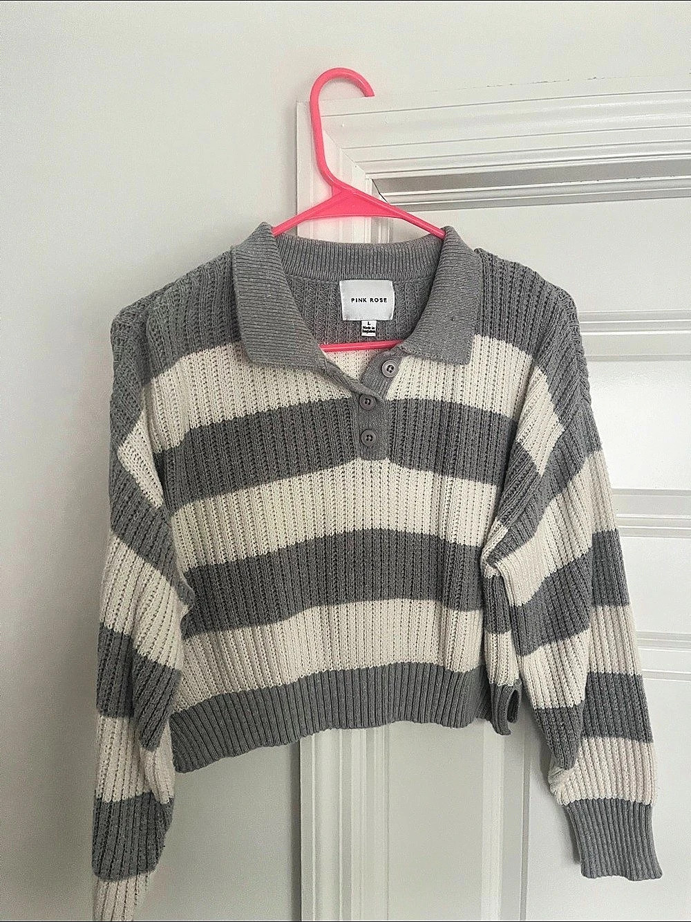 Pink Rose Striped Cropped Polo Sweater in Gray & Cream Like New